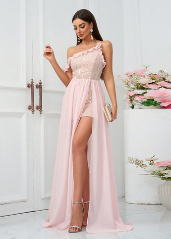 Рожева святковий, коктейльна сукня з відкритими плечима SHEIN однотонна