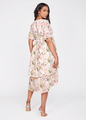 Світло-бежева святковий, кежуал сукня для вагітних на запах, а-силует, плісована SHEIN з квітковим принтом