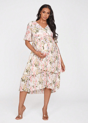 Світло-бежева святковий, кежуал сукня для вагітних на запах, а-силует, плісована SHEIN з квітковим принтом