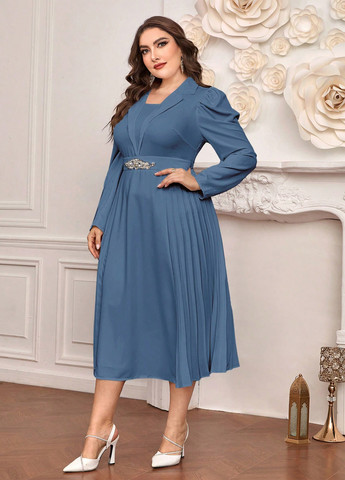 Серо-голубое праздничный платье плиссированное SHEIN однотонное