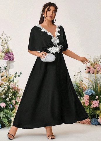 Чорна вечірня сукня з спідницею-сонце, в стилі армпір SHEIN однотонна