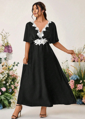 Чорна вечірня сукня з спідницею-сонце, в стилі армпір SHEIN однотонна