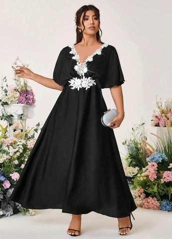 Чорна вечірня сукня з спідницею-сонце, в стилі армпір SHEIN однотонна