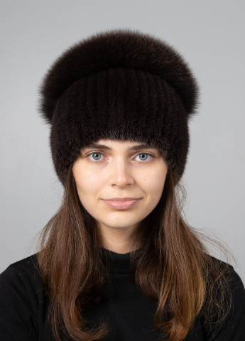 Женская зимняя шапка бини из натурального меха норки с большим помпоном из песца Меховой Стиль шарик (254953044)
