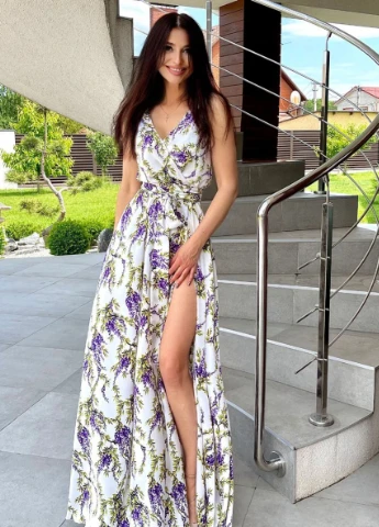 Комбинированное пляжное сарафан с юбкой-солнце, а-силуэт, на запах JadFashion с цветочным принтом