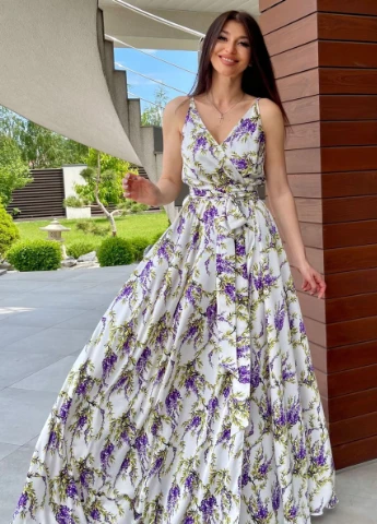 Комбинированное пляжное сарафан с юбкой-солнце, а-силуэт, на запах JadFashion с цветочным принтом