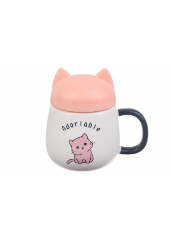 Чашка керамическая "Котенок" с крышкой 450 мл, бело-розовая (66-7890) No Brand белая