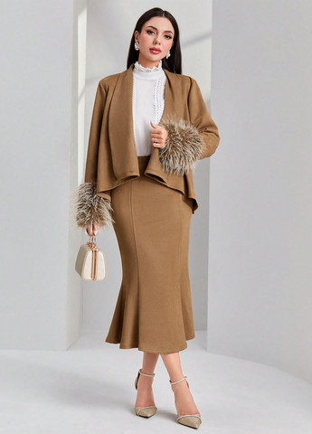 Бежевий демісезонний комплект (блуза, спідниця) SHEIN