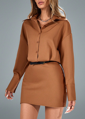 Світло-коричнева ділова, кежуал сукня сукня-сорочка SHEIN однотонна