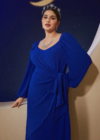 Синя кежуал сукня на запах, кльош SHEIN однотонна