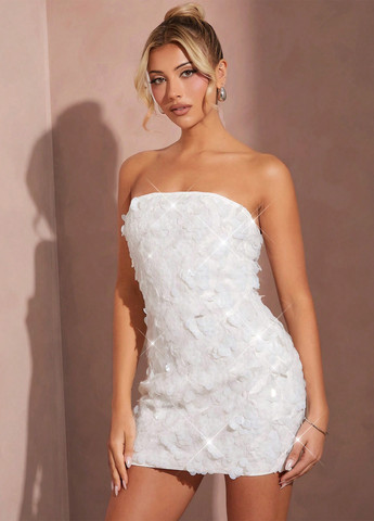 Білий коктейльна сукня силуетна, бандо, з відкритою спиною, з відкритими плечима SHEIN однотонна