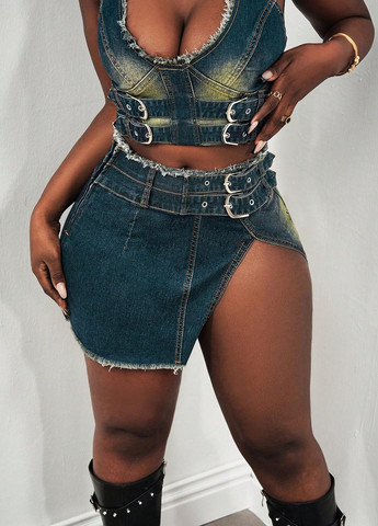 Синяя джинсовая однотонная юбка SHEIN