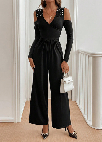 Комбинезон SHEIN комбинезон-брюки однотонный чёрный вечерний полиэстер