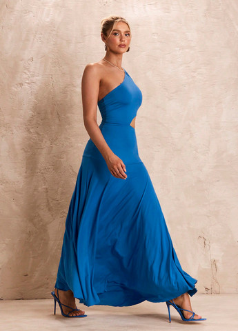 Синее вечернее платье клеш, на одно плечо, с открытой спиной SHEIN однотонное