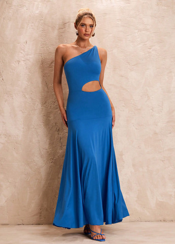 Синее вечернее платье клеш, на одно плечо, с открытой спиной SHEIN однотонное