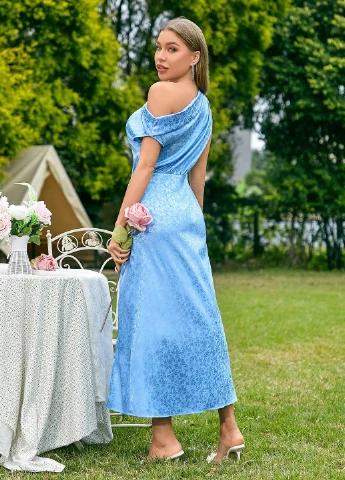 Блакитна святковий, вечірня сукня з відкритими плечима, а-силует SHEIN однотонна