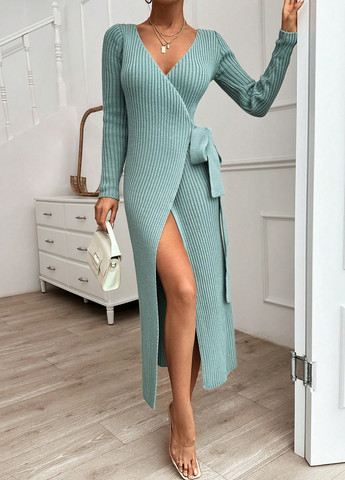 Светло-бирюзовое праздничный, кэжуал платье на запах, платье-свитер SHEIN однотонное