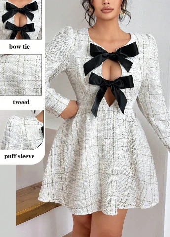 Молочное кэжуал платье а-силуэт SHEIN в клетку