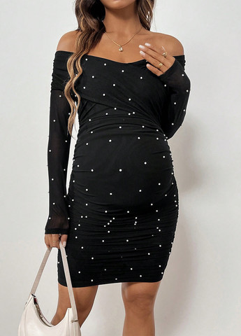 Чорна святковий, коктейльна, вечірня сукня силуетна, з відкритими плечима SHEIN однотонна