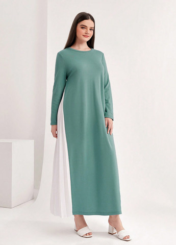 Светло-бирюзовое кэжуал платье платье-свитшот, плиссированное SHEIN однотонное