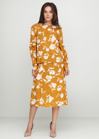 Костюм (блуза, юбка) Share юбочный цветочный горчичный кэжуал