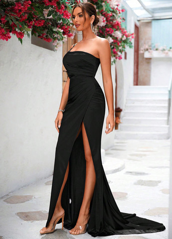 Черное вечернее платье на одно плечо, со шлейфом, силуэтная SHEIN однотонное