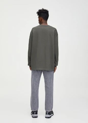 Лонгслів Pull & Bear однотонний сіро-зелений кежуали бавовна, трикотаж