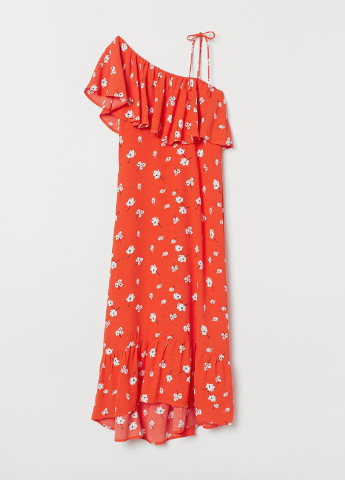 Алое кэжуал платье на одно плечо H&M с цветочным принтом