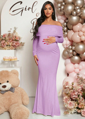 Сиреневое праздничный платье для беременных годе, с открытыми плечами SHEIN однотонное
