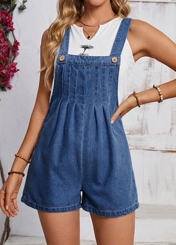 Комбинезон SHEIN комбинезон-шорты однотонный синий денил хлопок, джинс