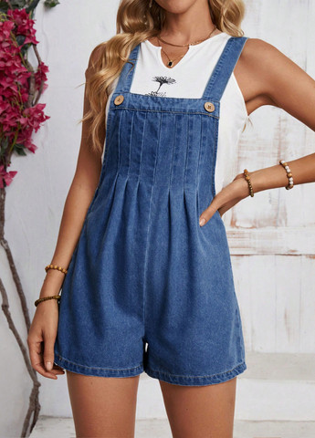 Комбинезон SHEIN комбинезон-шорты однотонный синий денил хлопок, джинс