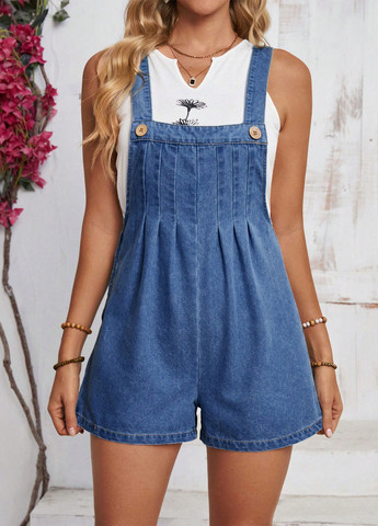 Комбинезон SHEIN комбинезон-шорты однотонный синий денил хлопок, джинс