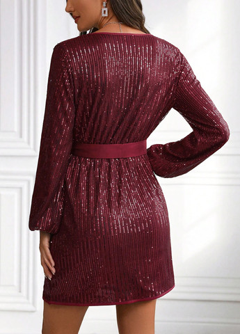 Бордова вечірня сукня на запах SHEIN однотонна