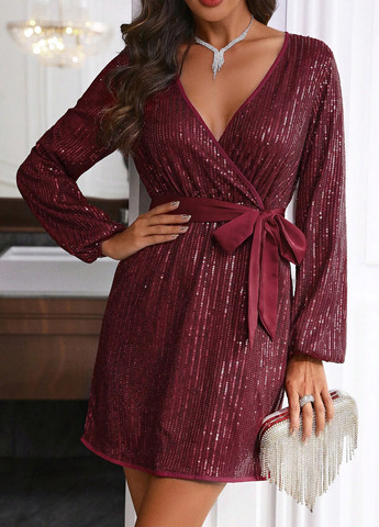 Бордова вечірня сукня на запах SHEIN однотонна