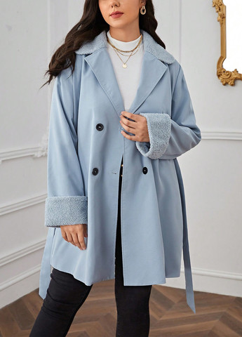 Світло-блакитне демісезонне Пальто двобортне SHEIN