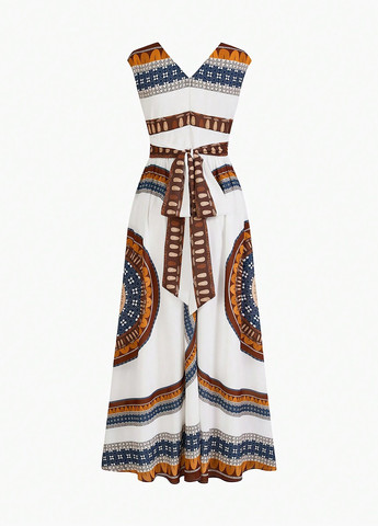 Белое кэжуал платье клеш, с открытой спиной SHEIN с геометрическим узором