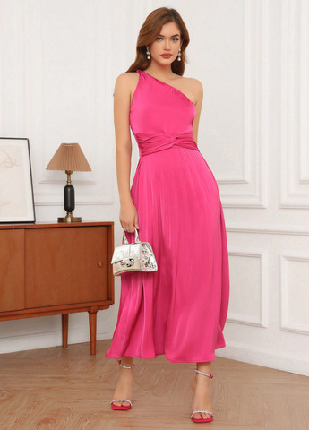 Темно-рожева коктейльна, кежуал сукня кльош, плісована, на одне плече SHEIN однотонна