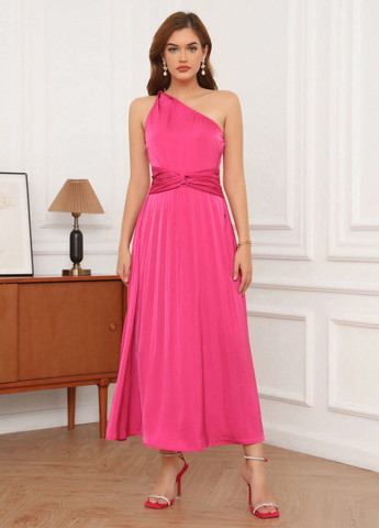 Темно-рожева коктейльна, кежуал сукня кльош, плісована, на одне плече SHEIN однотонна