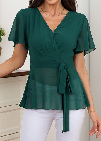 Темно-зелена блуза на запах SHEIN