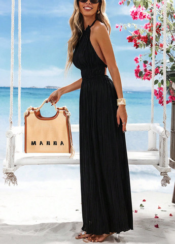 Черное кэжуал платье с открытой спиной SHEIN однотонное