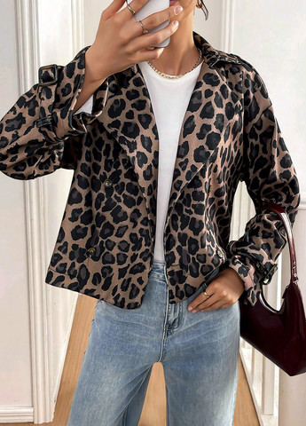 Сіро-коричневе Кежуал напівпальто двобортне SHEIN леопардове