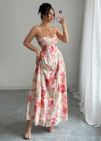 Комбинированное кэжуал платье с открытыми плечами SHEIN с цветочным принтом