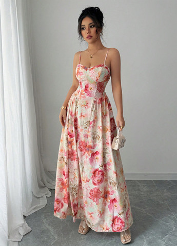 Комбинированное кэжуал платье с открытыми плечами SHEIN с цветочным принтом