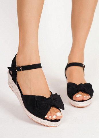 Черные босоножки SHEIN с ремешком с бантом, на плетеной подошве