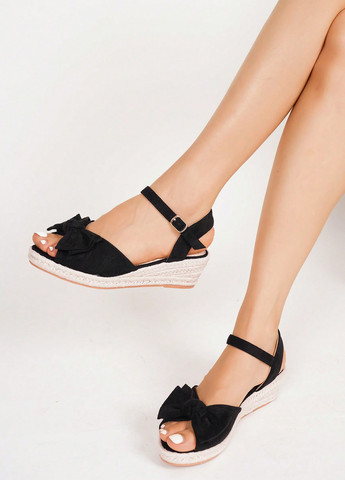 Черные босоножки SHEIN с ремешком с бантом, на плетеной подошве