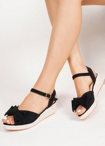 Черные босоножки SHEIN с ремешком с бантом, на плетеной подошве