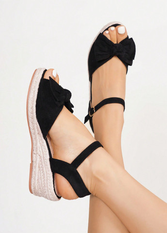 Черные босоножки SHEIN с ремешком с бантом, на плетеной подошве