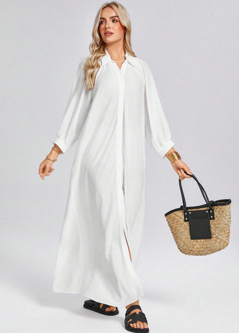 Белое кэжуал платье рубашка SHEIN однотонное