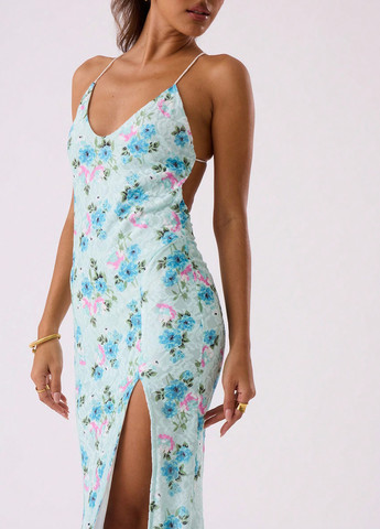 Голубое кэжуал платье с открытой спиной SHEIN с цветочным принтом