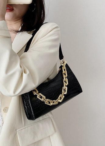 Женская сумочка через плечо багет на ремешке толстой цепочке рептилия крокодиловая кожа черная NoName (251204277)